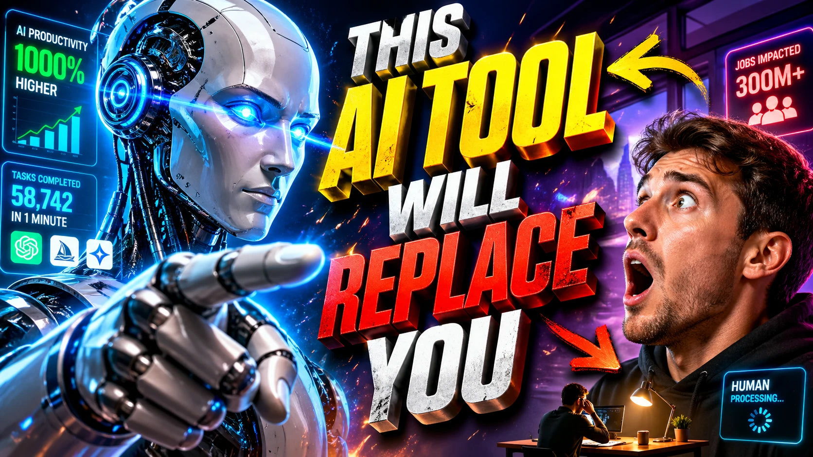 Example output from the YouTube Thumbnail Shock Visuals ChatGPT prompt: an AI thumbnail reading This AI Tool Will Replace You, with a robot face and a shocked presenter.
