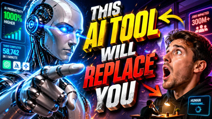 Example output from the YouTube Thumbnail Shock Visuals ChatGPT prompt: an AI thumbnail reading This AI Tool Will Replace You, with a robot face and a shocked presenter.