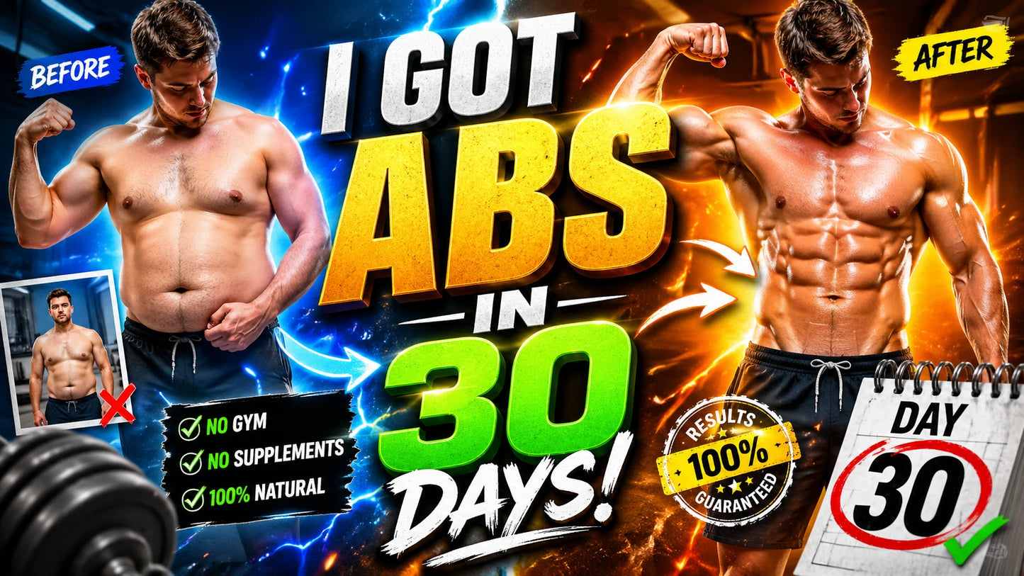 Example output from the YouTube Thumbnail Shock Visuals ChatGPT prompt: a fitness thumbnail reading I Got Abs In 30 Days, with a before and after body comparison and a day 30 calendar.