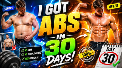 Example output from the YouTube Thumbnail Shock Visuals ChatGPT prompt: a fitness thumbnail reading I Got Abs In 30 Days, with a before and after body comparison and a day 30 calendar.