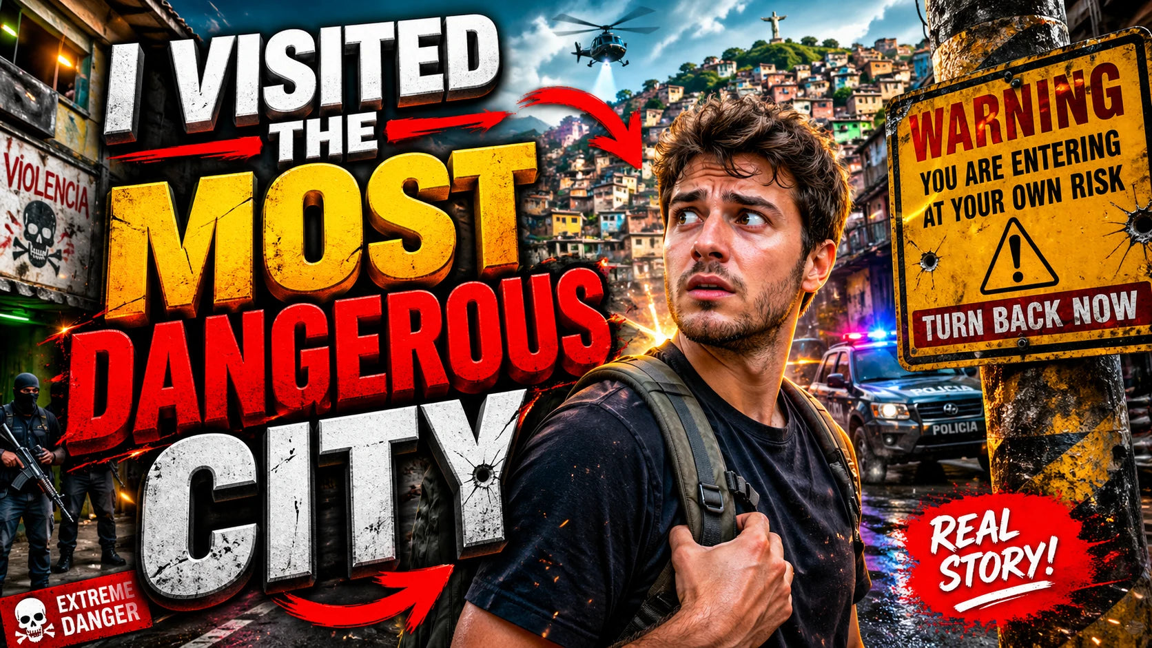 Example output from the YouTube Thumbnail Shock Visuals ChatGPT prompt: a travel thumbnail reading I Visited The Most Dangerous City, with a wary presenter and a warning sign.