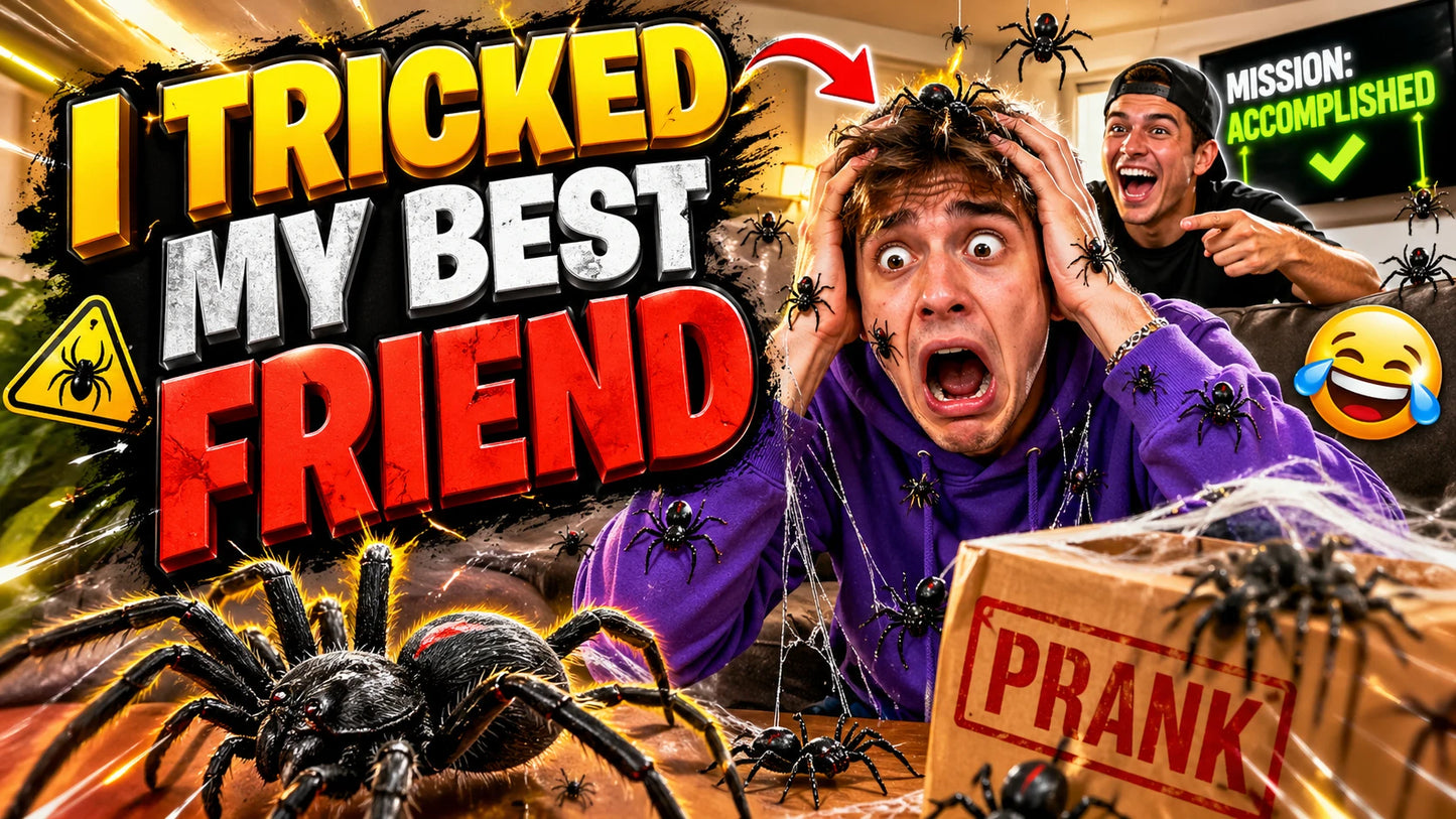 Example output from the YouTube Thumbnail Shock Visuals ChatGPT prompt: a prank-themed YouTube thumbnail reading I Tricked My Best Friend, with bold outlined type and arrows.