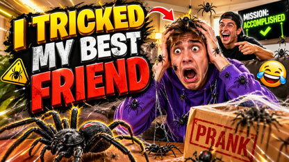 Example output from the YouTube Thumbnail Shock Visuals ChatGPT prompt: a prank-themed YouTube thumbnail reading I Tricked My Best Friend, with bold outlined type and arrows.