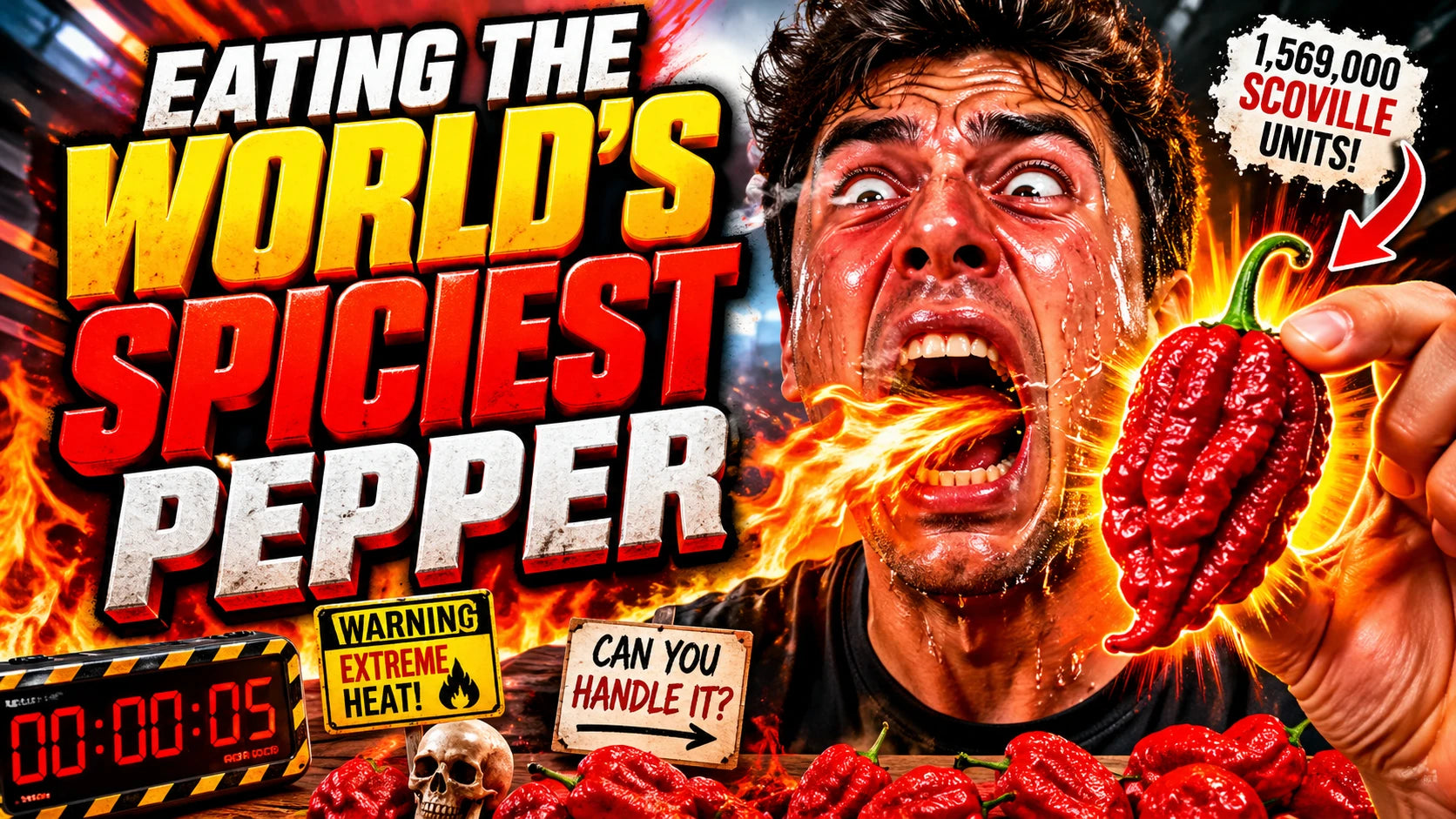 Example output from the YouTube Thumbnail Shock Visuals ChatGPT prompt: a food challenge thumbnail reading Eating The World's Spiciest Pepper, with a screaming face, chilli and flames.
