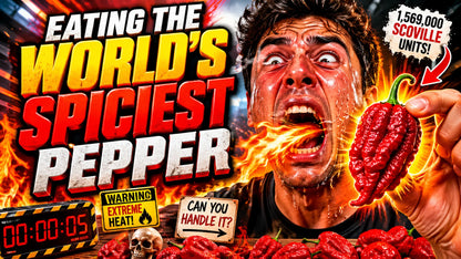 Example output from the YouTube Thumbnail Shock Visuals ChatGPT prompt: a food challenge thumbnail reading Eating The World's Spiciest Pepper, with a screaming face, chilli and flames.