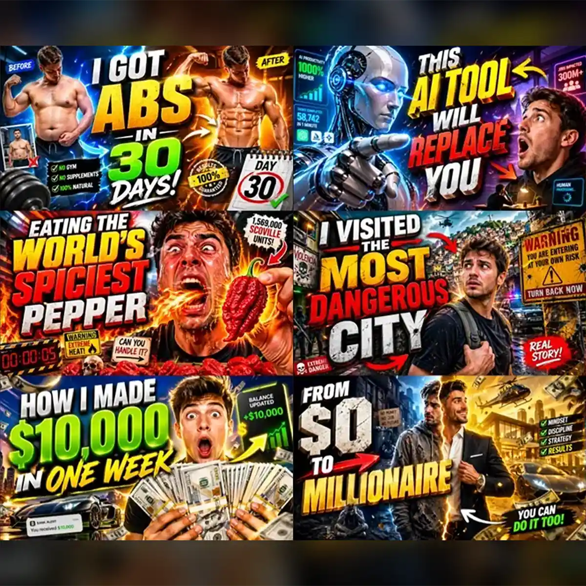 Example output from the YouTube Thumbnail Shock Visuals ChatGPT prompt: a six-panel grid of high-contrast YouTube thumbnails with shocked faces, arrows and oversized outlined type, covering fitness, AI, hot pepper, travel, money and success topics.