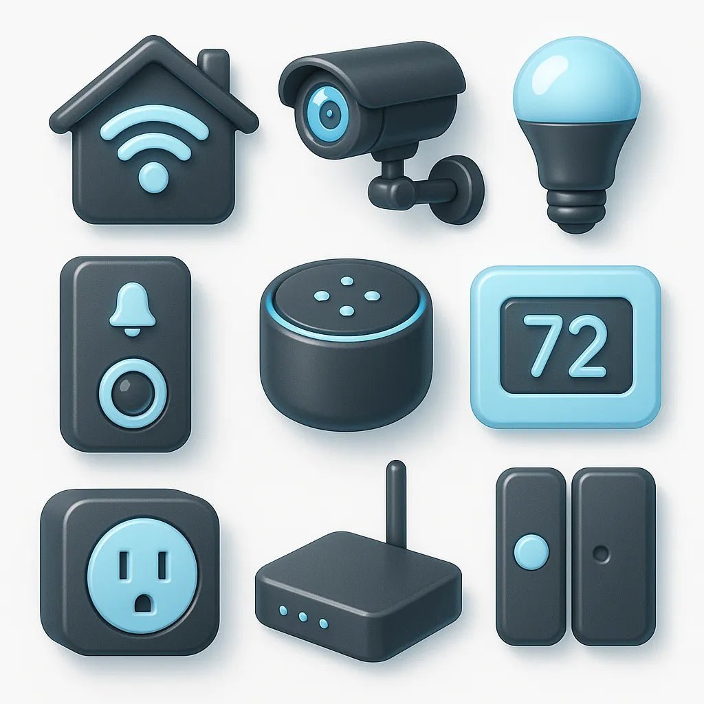 Example output from the Your Own 3D Icon Packs ChatGPT prompt: assorted 3D-rendered icons. Home Security.