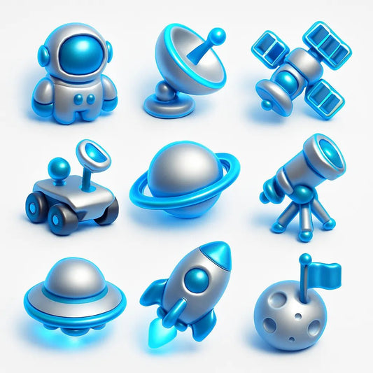 Example output from the Your Own 3D Icon Packs ChatGPT prompt: assorted 3D-rendered icons. Space.