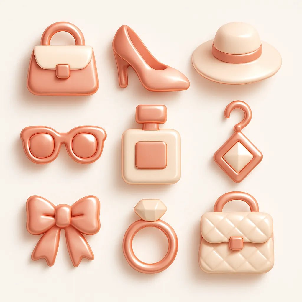 Example output from the Your Own 3D Icon Packs ChatGPT prompt: assorted 3D-rendered icons. Woman Stuff.