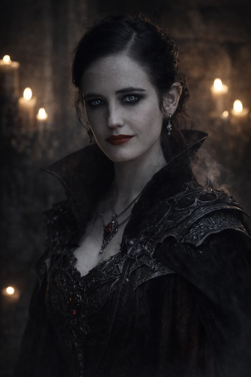 Cinematic dark fantasy character portrait generated from photo with dramatic lighting, gothic armor, and high-realism moody atmosphere: Eva