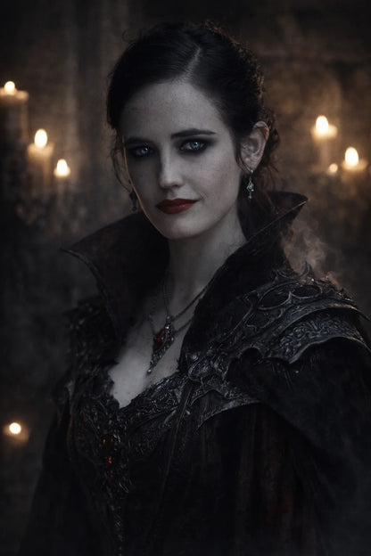 Cinematic dark fantasy character portrait generated from photo with dramatic lighting, gothic armor, and high-realism moody atmosphere: Eva