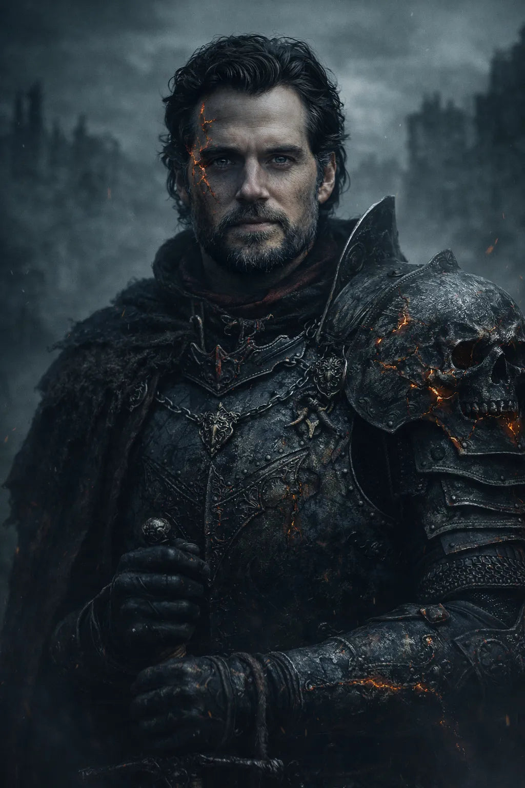 Cinematic dark fantasy character portrait generated from photo with dramatic lighting, gothic armor, and high-realism moody atmosphere: Henry