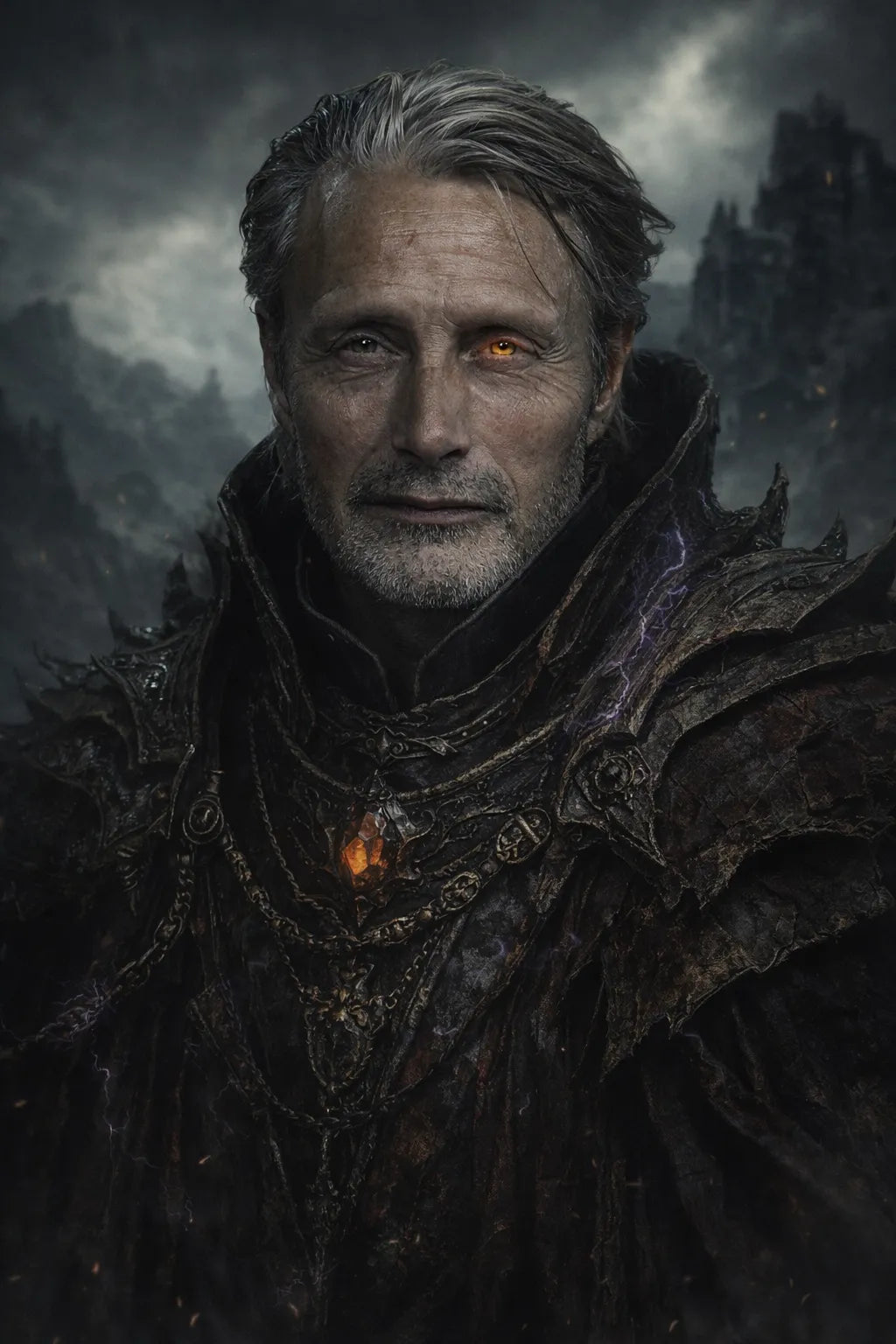 Cinematic dark fantasy character portrait generated from photo with dramatic lighting, gothic armor, and high-realism moody atmosphere: Mads