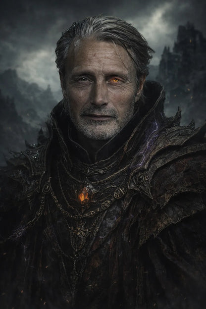 Cinematic dark fantasy character portrait generated from photo with dramatic lighting, gothic armor, and high-realism moody atmosphere: Mads
