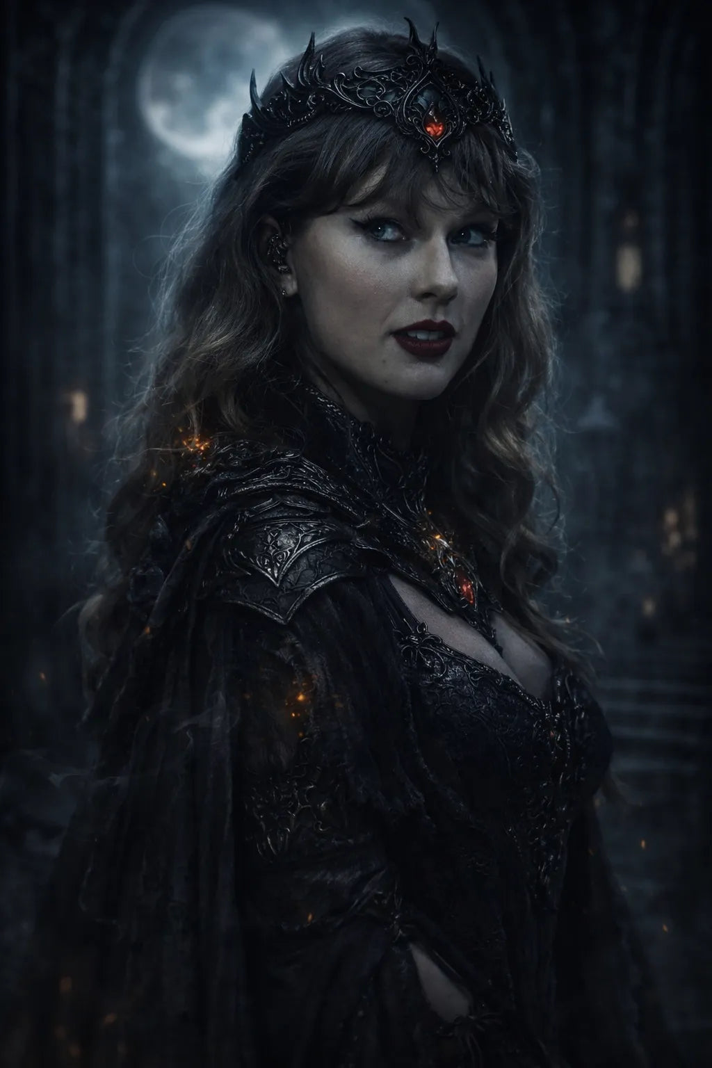 Cinematic dark fantasy character portrait generated from photo with dramatic lighting, gothic armor, and high-realism moody atmosphere: Taylor