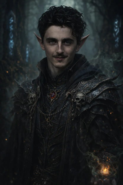 Cinematic dark fantasy character portrait generated from photo with dramatic lighting, gothic armor, and high-realism moody atmosphere: Timothee