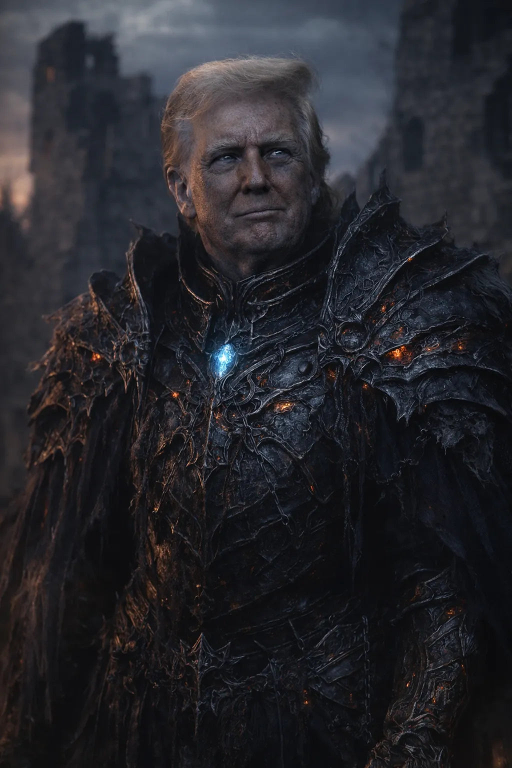 Cinematic dark fantasy character portrait generated from photo with dramatic lighting, gothic armor, and high-realism moody atmosphere: Trump