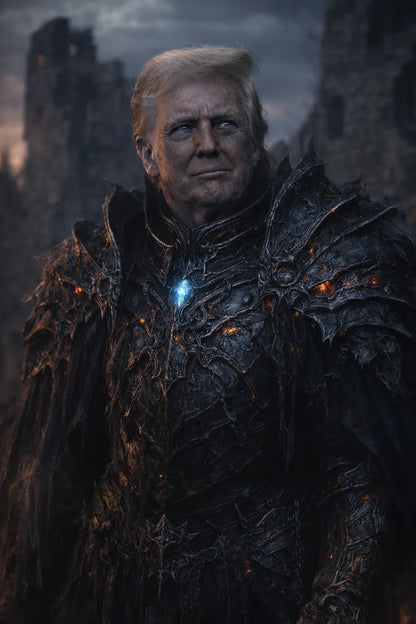 Cinematic dark fantasy character portrait generated from photo with dramatic lighting, gothic armor, and high-realism moody atmosphere: Trump