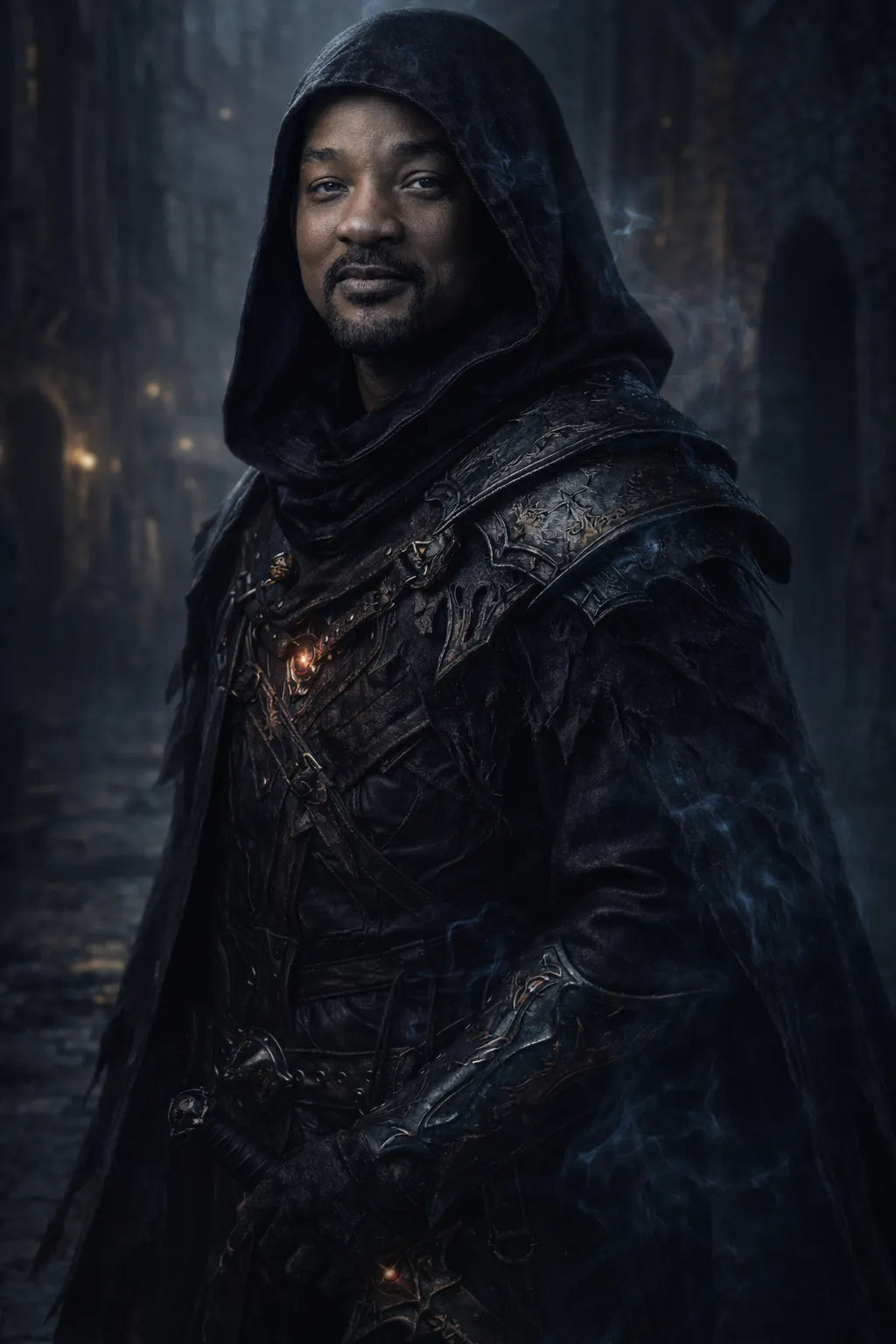 Cinematic dark fantasy character portrait generated from photo with dramatic lighting, gothic armor, and high-realism moody atmosphere: Will