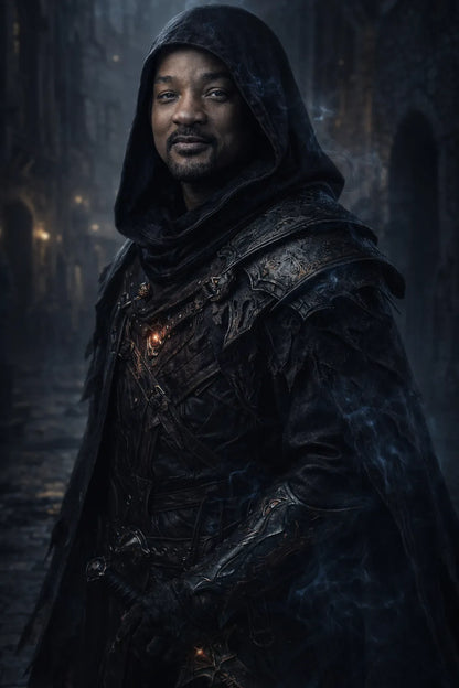 Cinematic dark fantasy character portrait generated from photo with dramatic lighting, gothic armor, and high-realism moody atmosphere: Will