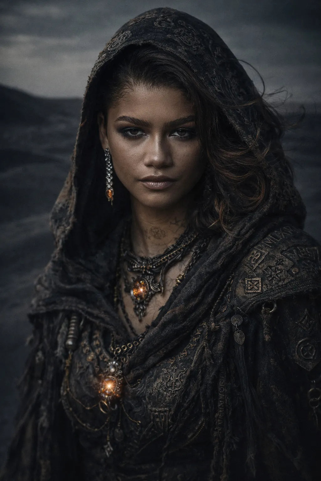 Cinematic dark fantasy character portrait generated from photo with dramatic lighting, gothic armor, and high-realism moody atmosphere: Zendaya